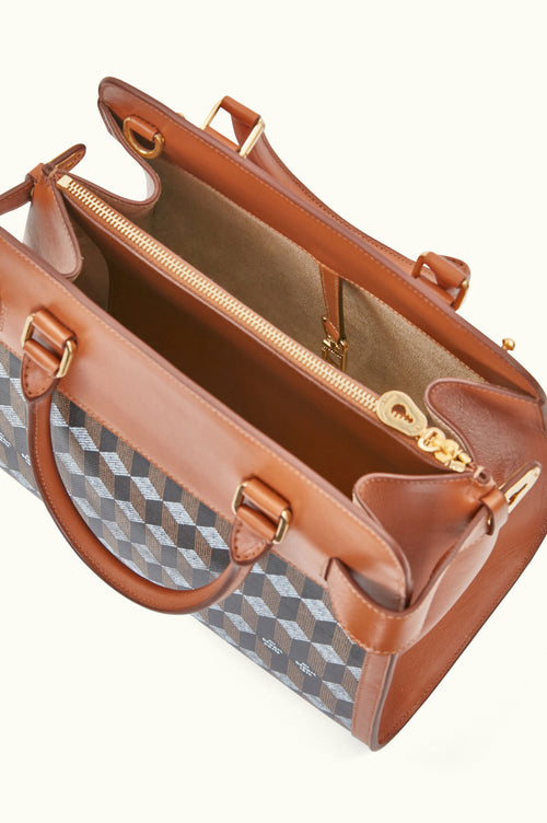 Greenwich Damier Ebene Top handle bag in Coated canvas, Gold Hardware